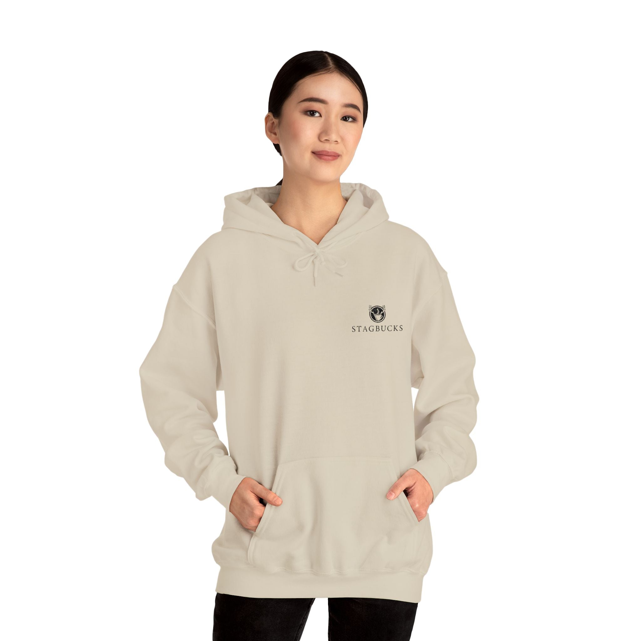 Stagbucks Hoodie – Minimalist Embroidered Fantasy Café Pullover, Feywild Brew Co. Apparel